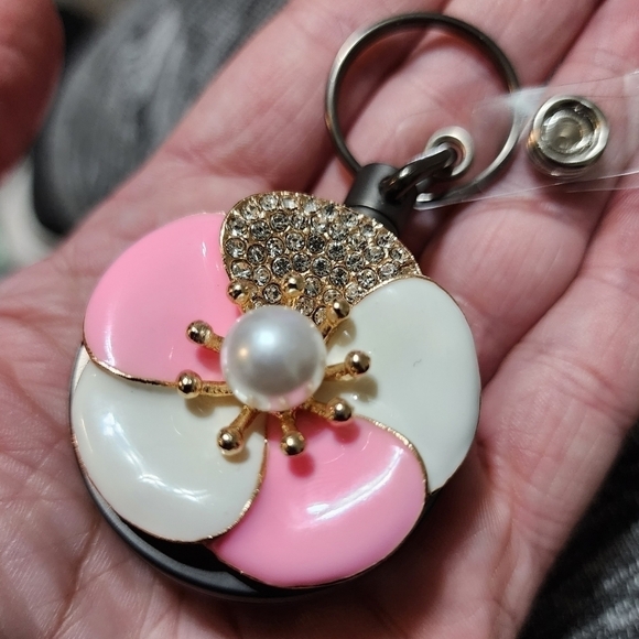 NEW Flower Pink White Enamel Rhinestone Badge Name Tag ID Clip Nurse Medical Job - Picture 3 of 11